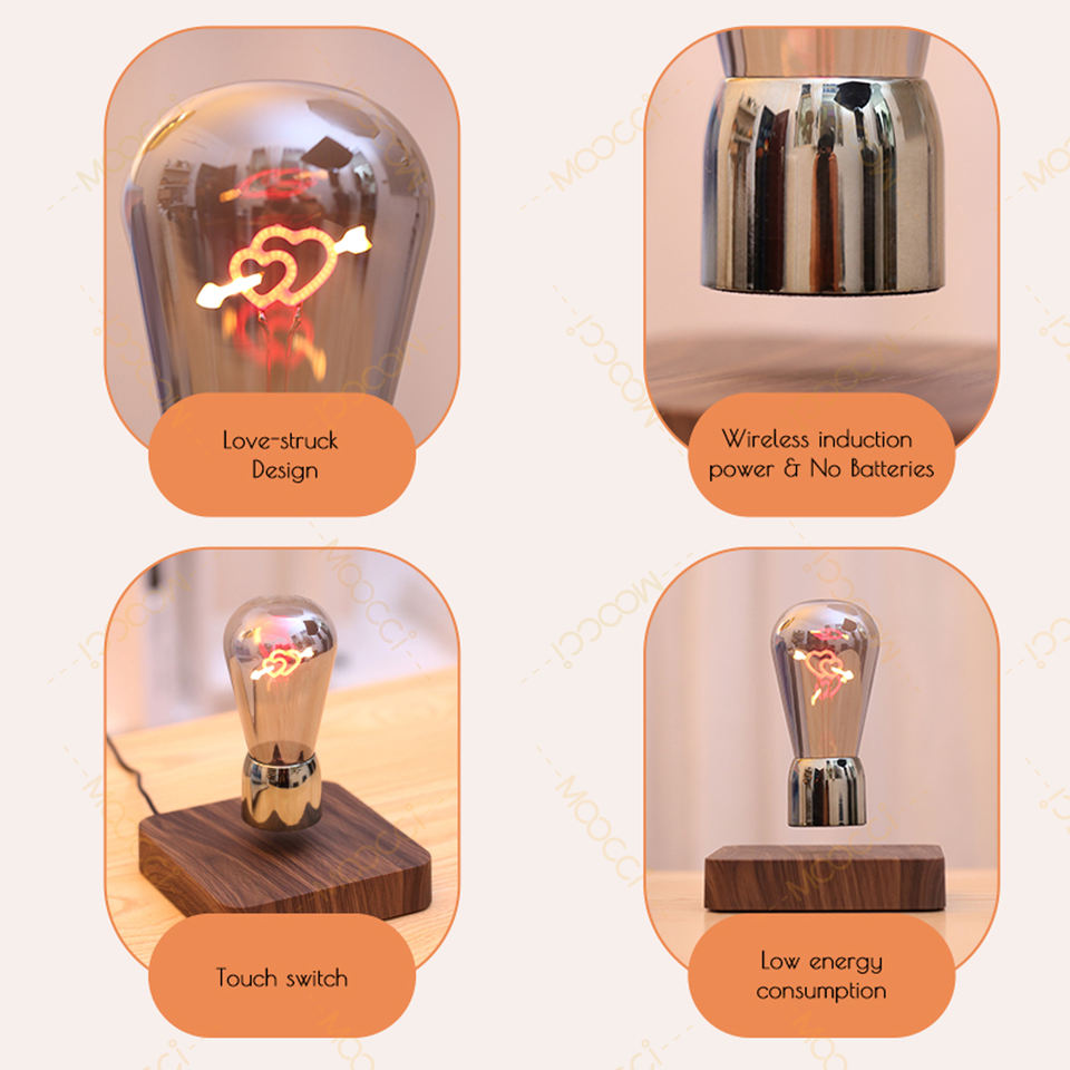 Trendy Minimalist Ambient Arrow-Through-Heart Filament Warm LED Dark Wooden Base Magnetic Levitation Floating Bedroom Night Lamp