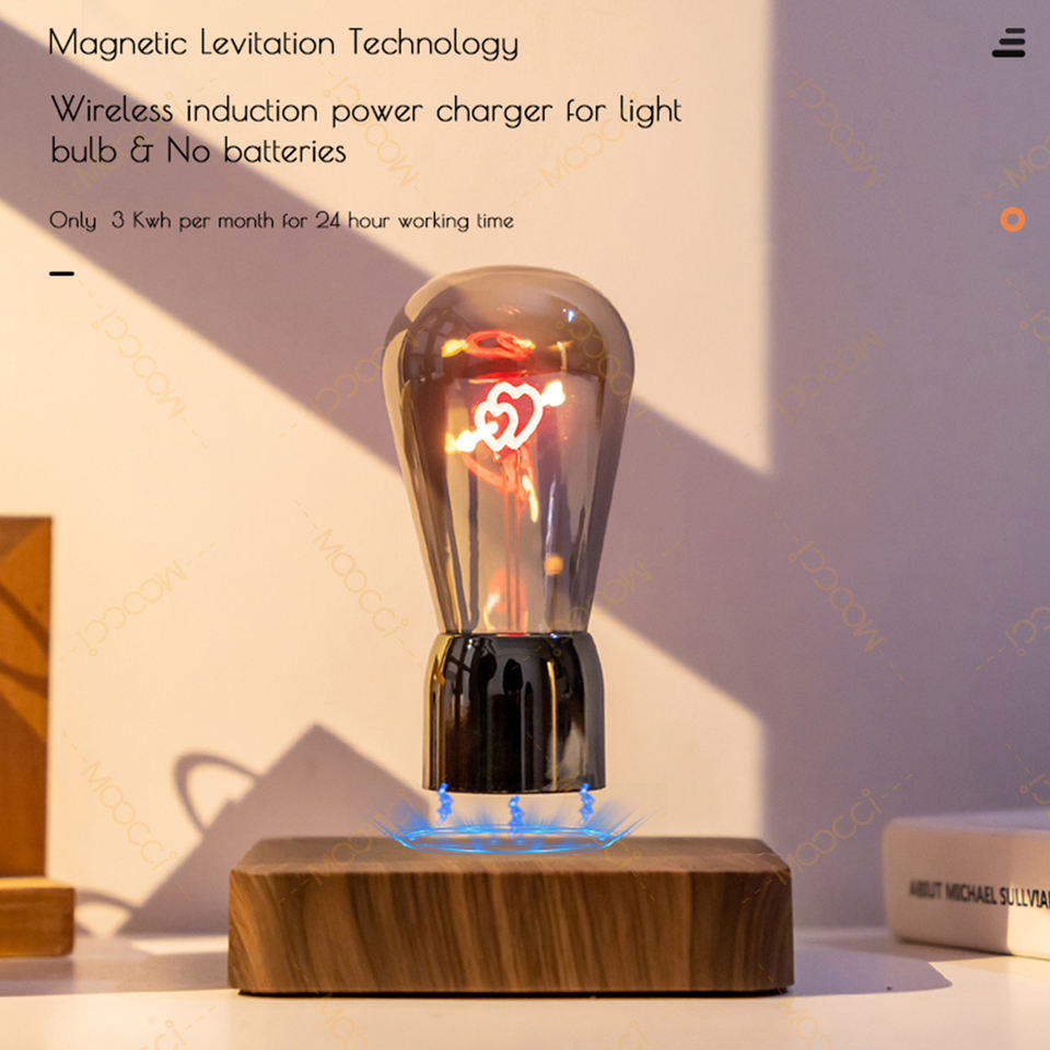 Trendy Minimalist Ambient Arrow-Through-Heart Filament Warm LED Dark Wooden Base Magnetic Levitation Floating Bedroom Night Lamp