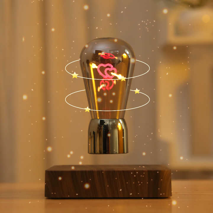 Trendy Minimalist Ambient Arrow-Through-Heart Filament Warm LED Dark Wooden Base Magnetic Levitation Floating Bedroom Night Lamp