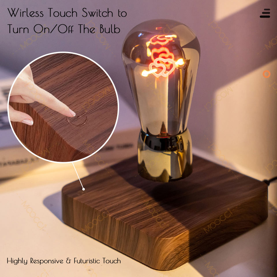 Trendy Minimalist Ambient Arrow-Through-Heart Filament Warm LED Dark Wooden Base Magnetic Levitation Floating Bedroom Night Lamp