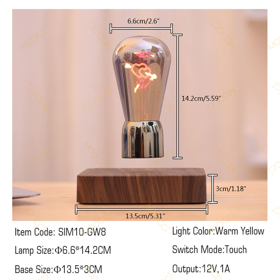 Trendy Minimalist Ambient Arrow-Through-Heart Filament Warm LED Dark Wooden Base Magnetic Levitation Floating Bedroom Night Lamp