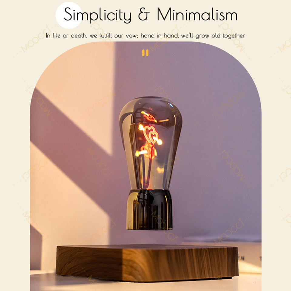 Trendy Minimalist Ambient Arrow-Through-Heart Filament Warm LED Dark Wooden Base Magnetic Levitation Floating Bedroom Night Lamp